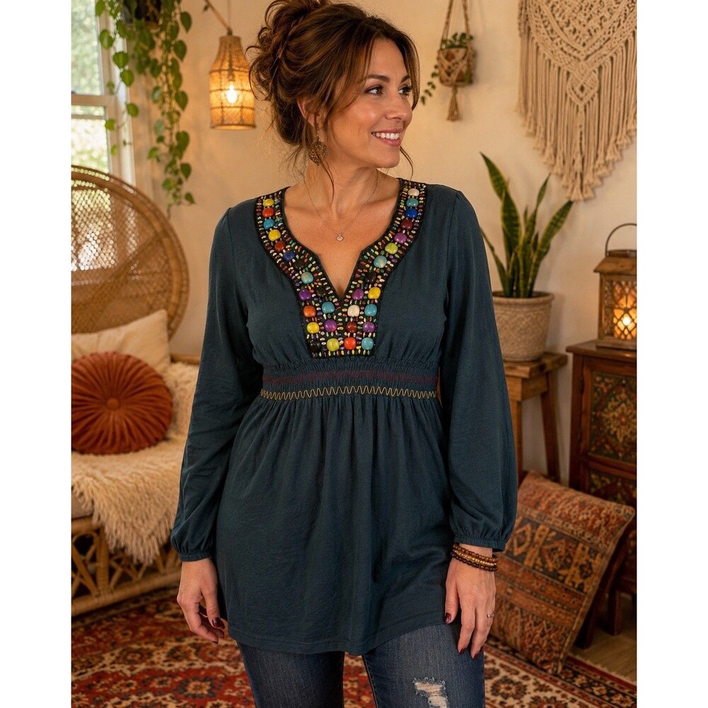 Hello Miss Teal Beaded Tunic Top Boho Long Sleeve NWT Size Large Colorful